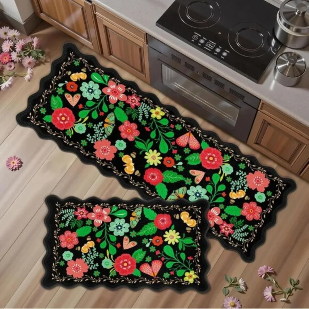 New Scalloped Black Kitchen Mat Set, Cushioned, Non-Slip Carpet for Floor